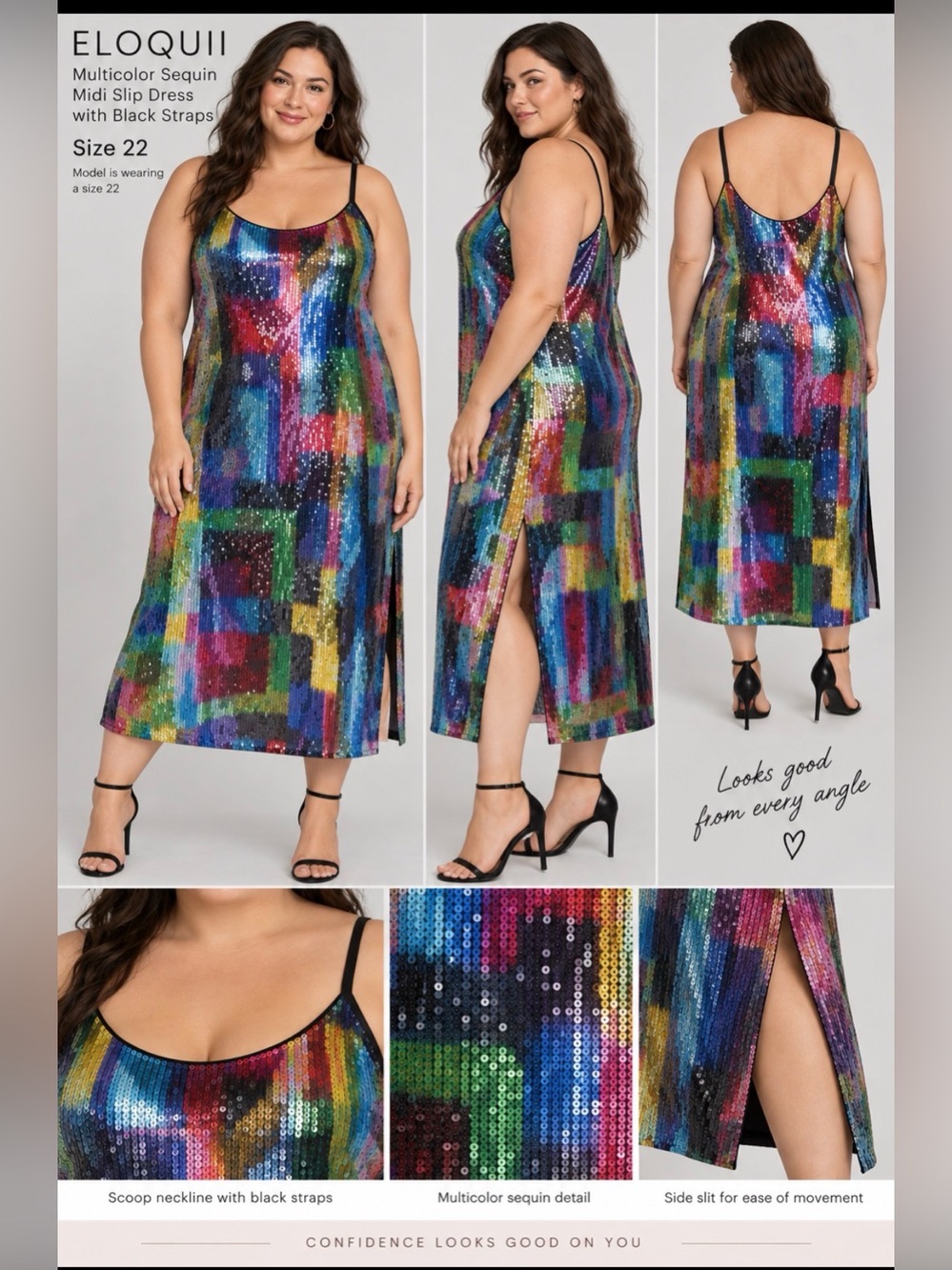 Eloquii Multicolor Sequin Midi Slip Dress with Black Straps